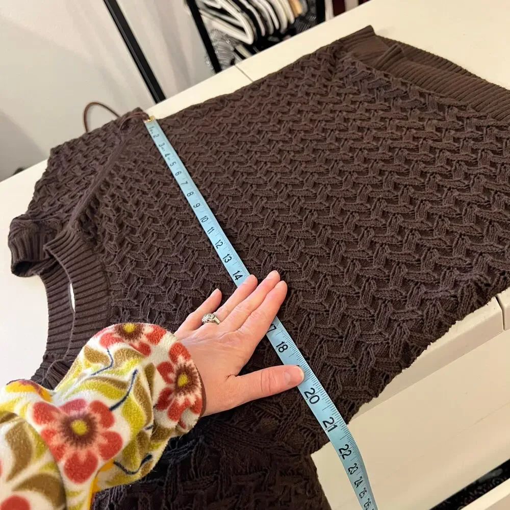 LOFT Cotton Chocolate Brown Chunky Woven Knit Crewneck Sweater Size Large